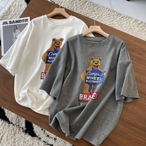  Age-reducing Western style Korean version of the bear brushed cotton round neck short-sleeved T-shirt womens mid-length casual all-match 2021 summer and autumn