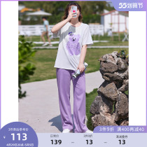 MSShe Big Code Womens Dress 2022 New Summer Dress Fat Mm Small Bear Ice Porcelain Cotton Medium Long T-Shirt Broadleg Pants Suit