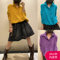 Lapel long sleeve single piece purple sweatshirt womens autumn new short version casual candy color aging personality top size