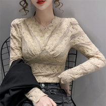 Hollow lace base shirt Womens short chic top Autumn waist V-neck long-sleeved thin Western style shirt