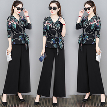 Wide leg pants suit womens 2021 spring and autumn new Korean temperament fashion large size thin printing long-sleeved two-piece set tide