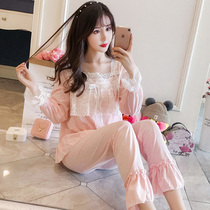 Pajamas womens spring and autumn and winter long-sleeved cute Princess style home clothes Sweet girl lace students can wear out the suit