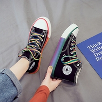 Spring and Autumn 2021 Rainbow Mandarin duck High-help canvas shoes womens shoes Spring and Autumn New Korean ulzzang Joker ins Tide