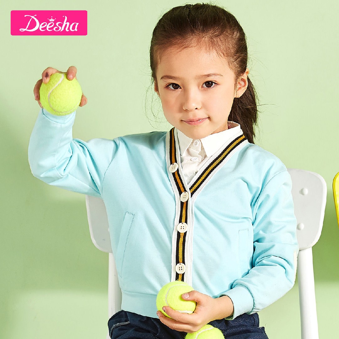 Deesha Deesha new girl big boy baby girl college casual spring and autumn knitted cardigan jacket ice blue