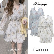 Korean version of chic retro floral waist thin ruffle dress girl French niche gentle first love skirt summer