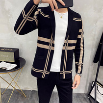 Mens knitted wool cardigan jacket winter Korean trend handsome suit lapel striped sweater wear mens clothing