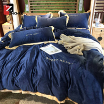 Coral velvet four-piece winter sheets Simple modern flannel plus velvet thickened double-sided velvet duvet cover bedding