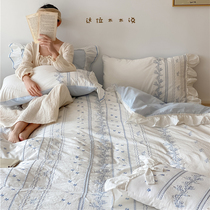 Korean pastoral style lotus leaf edge washed cotton four-piece set pure cotton flower embroidery girl heart forest bedding