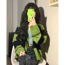 Small cardigan knitted jacket womens autumn and winter new loose striped top Japanese high-end green sweater trend