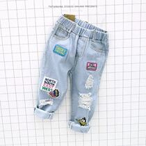 Korean casual loose jeans tide children patch element hole trousers men and women children Spring and Autumn boutique childrens clothing