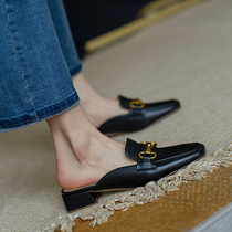 Genuine leather horse title buckle Baotou Half slipper female summer 2022 new Mueller shoe sloth outside wearing net red 100 lap sandals