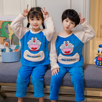  Jingdang cat spring and autumn and winter coral velvet long-sleeved childrens pajamas baby men and women siblings flannel home clothes set