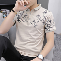 Rich bird short sleeve print T-shirt mens national tide youth lapel Chinese style polo shirt spirit guy round neck shirt