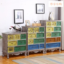 Solid wood bucket cabinet Retro Mediterranean locker American cabinet Simple drawer chest of drawers storage living room balcony cabinet