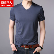 Antarctic mens V-neck solid color short-sleeved T-shirt mens sports and leisure modal half-sleeve chicken heart collar base shirt tide