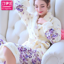 Nightgown womens winter thickened flannel spring and Autumn home clothes pajamas nightgown cute yukata long-sleeved hot spring bathrobe