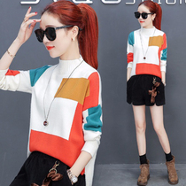 Knitted sweater women pullover short Korean version of loose ladies base 2021 autumn and winter new color matching semi-turtle neck tide