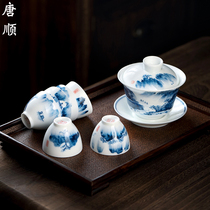 Tang Shunhand Painted Green Flower Landscape Bowl single Home Big Number of Tea Tea Tea Bowl Tasting Cup Gong Fu Tea Kit