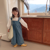  Girls  wide-leg denim bib 2021 spring Japanese childrens female baby loose lace cute trousers Western trend