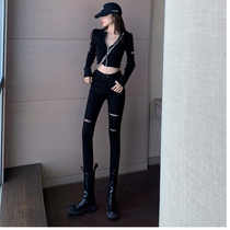 2021 autumn new black jeans female slim small feet pencil ankle-length pants high waist broken pants
