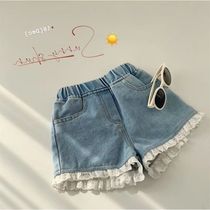 2022 Summer new Korean version Children cute sweet and comfortable soft denim shorts lace lace girl hot pants tide