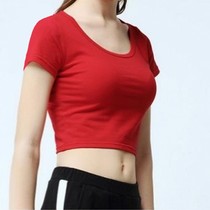 Big red fitness top womens tight sexy short-sleeved T-shirt open waist large neckline cotton T-shirt low-cut practice suit