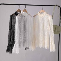 Purple lace base shirt female trumpet sleeve mesh hollow long sleeve stand collar spring and autumn interior with Princess Super fairy coat