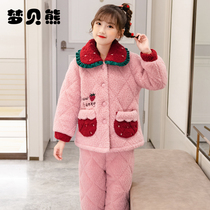 Childrens pajamas girl flannel autumn and winter thickened coral velvet little girl princess home clothing set Winter