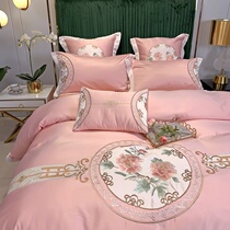 New Chinese three-dimensional floral embroidery ice silk four pieces of full cotton pure cotton linen summer silk sliding quilt cover bedding