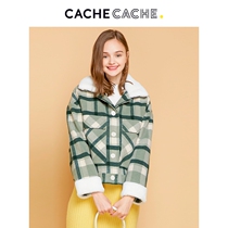 cache cache plaid woolen coat womens Korean short white lapel coat