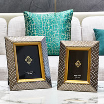 High-grade light luxury brass leather photo frame table 6 inch 7 inch yellow geometric pattern hot silver gray decorative photo frame decoration Template