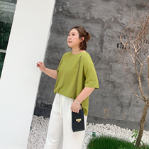 ALIN custom large size womens fat mm round neck short sleeve loose strap small halter top temperament loose versatile