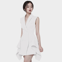 Thai Tide brand OL temperament white suit dress celebrity dress V collar slim skirt irregular niche dress