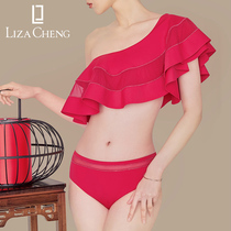 Liza Cheng Yuet series ruffled slant shoulder strapless solid color split hot spring beach swimsuit LS0052