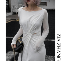 Z boss RO vertical cutting one seam overall design dress One-line collar stitching sleeve kink slim-fit dress