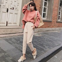 Korean woolen pants womens slim little feet Haren pants 2021 autumn and winter New loose Joker pants tide