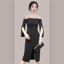 Retro Hepburn style small black dress lady dress neckline sexy strapless black slim early autumn niche dress