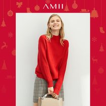 Amii minimalist New Year lazy red sweater womens 2020 autumn and winter new imitation rabbit velvet semi-high collar loose sweater