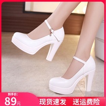 Round head leather waterproof table thick heel thick sole shoes White large size high heel cheongsam model catwalk shoes womens performance shoes