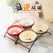 Dog food basin dog rice basin double bowl eating dog food basin cat bowl ceramic bowl ceramic bowl small dog cat food basin dog supplies