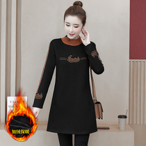 Large size autumn winter clothes fat MM plus velvet thick sweater women base shirt long high collar reduced age belly dress tide