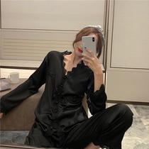 Home service suit 2019 new sexy lace v-neck cardigan pajamas black pajamas autumn and winter womens two-piece suit