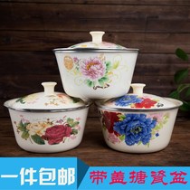 Lard container vintage household porcelain soup bowl enamel lid soup basin lid enamel bowl with lid enamel basin with lid