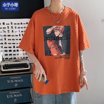 Muzi little brother two-dimensional character print T-shirt men loose Hong Kong style trend loose size round neck summer coat