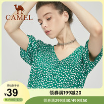 Camel Camel 2021 Fall New Broken Flowers T-shirt Woman Short Sleeve Loose 100 Hitch Slim Fashion V Collar Blouse