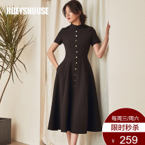 Luo Yi temperament dress female summer dress new intellectual stand-up collar elegant large swing slim-fit black short-sleeved long skirt 7330