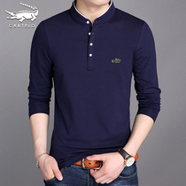 Crocodile mens long sleeve T-shirt cotton dad mens collar 2021 spring and autumn trend base shirt Korean version of clothes