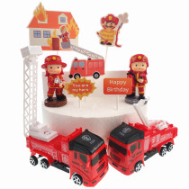 Fireman cake ornaments children cartoon baking decoration Hero theme fire truck toy decoration plug-in set