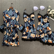 Pajamas womens four-piece summer silk sexy suspender night dress Womens nightgown suit long sleeve printed home wear