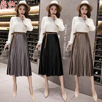 Golden Velvet Skirt Women 2021 Autumn Winter New Bow Pleated Skirt Long High Waist Joker A- line dress